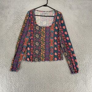 NATURAL LIFE Floral Stripe Scoop Neck Long Sleeve Top in Navy Multicolor
